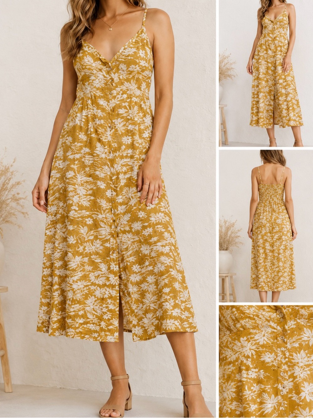 Charlie Paige | Mustard Floral Midi Dress | Button Front